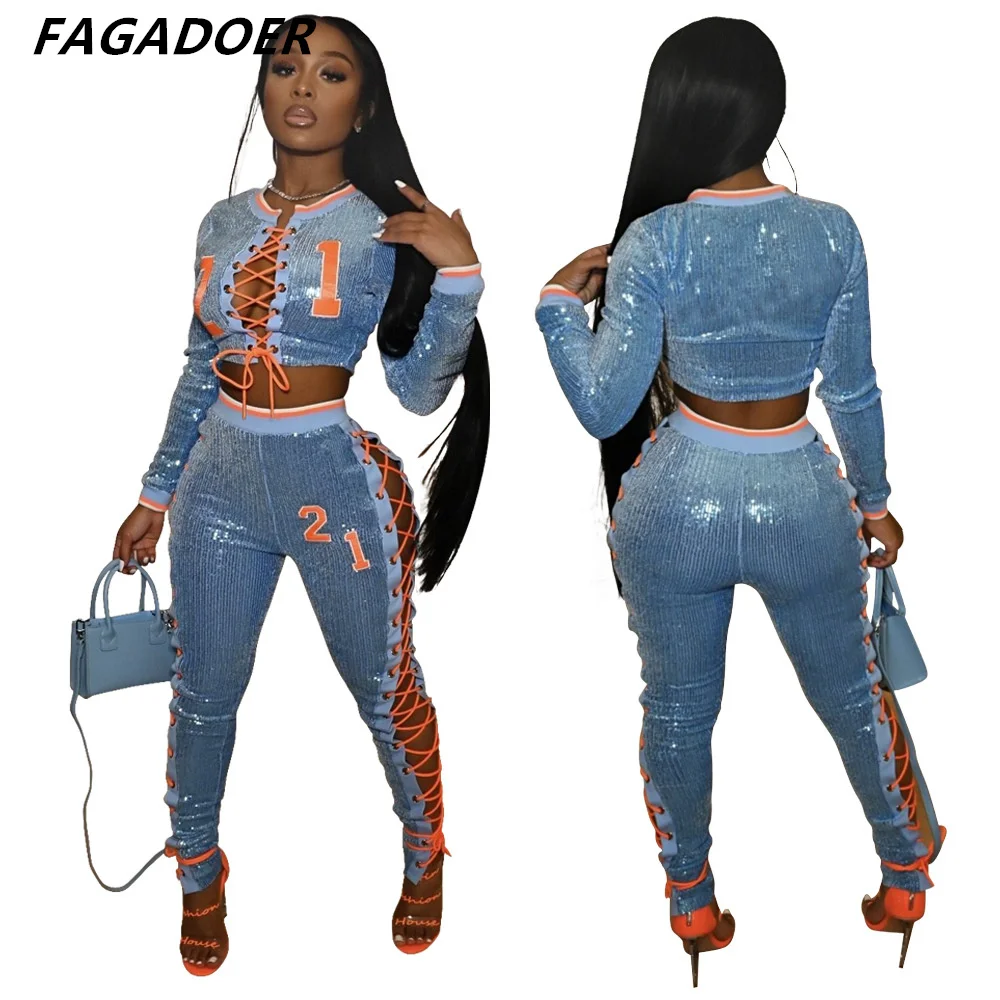 Fagadoer Sporty Fashion Sequined Dress Side Hollow Out Lace-up