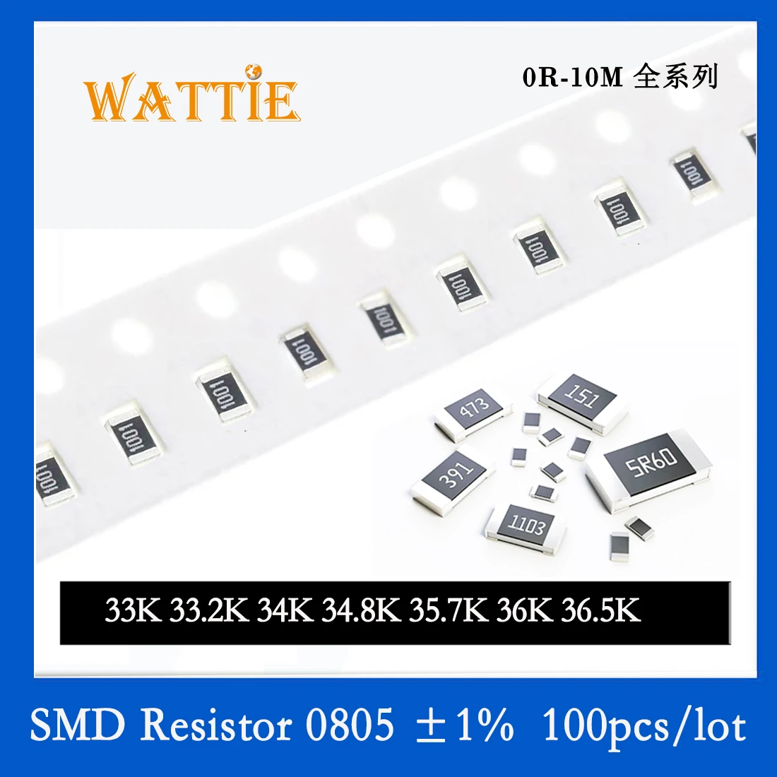 

SMD Resistor 0805 1% 33K 33.2K 34K 34.8K 35.7K 36K 36.5K 100PCS/lot chip resistors 1/8W 2.0mm*1.2mm