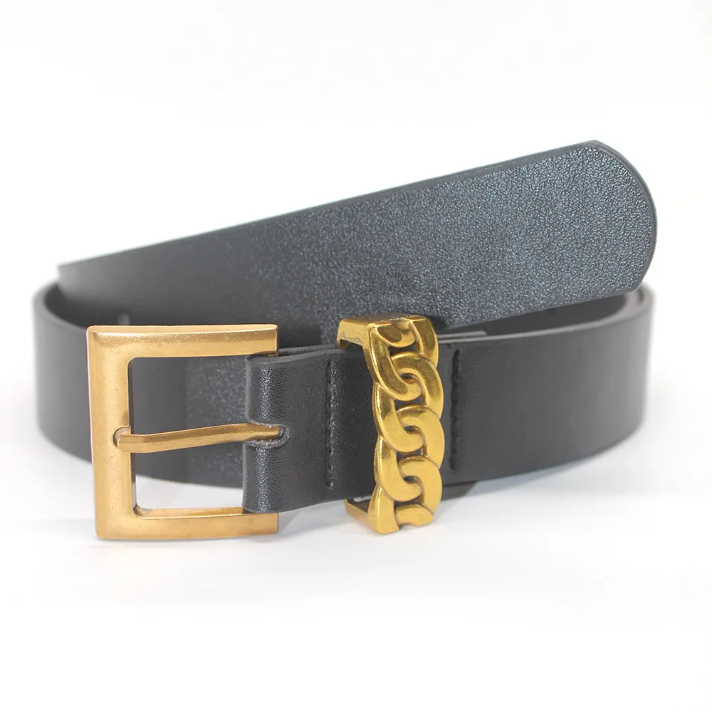 Women's Belt Black Pu Leather Gold Fried Dough Twists Buckle Belt Punk Style Jeans With Student Belt With Suit Waist Seal