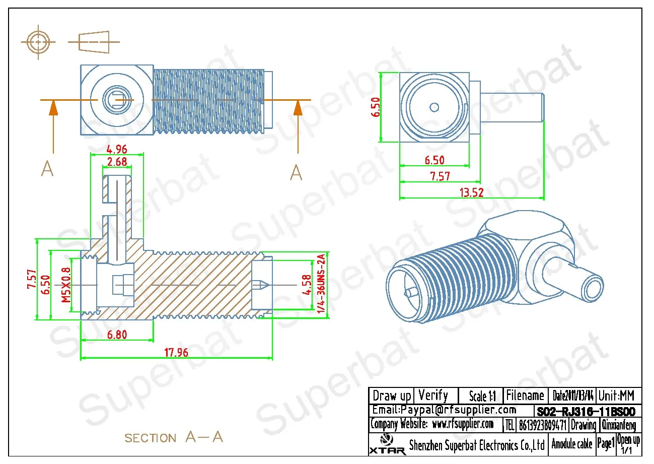 Superbat 10pcs RP-SMA Crimp Female(male pin) Right Angle RF Coaxial Connector for RG174,RG316,LMR100 Cable - Bulk Pack