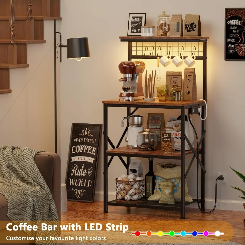 Bakers Rack with Power Outlet and LED Light, Small Microwave Stand with 4 Tier Shelves, Coffee Bar Station Table with 6 S Hooks 2