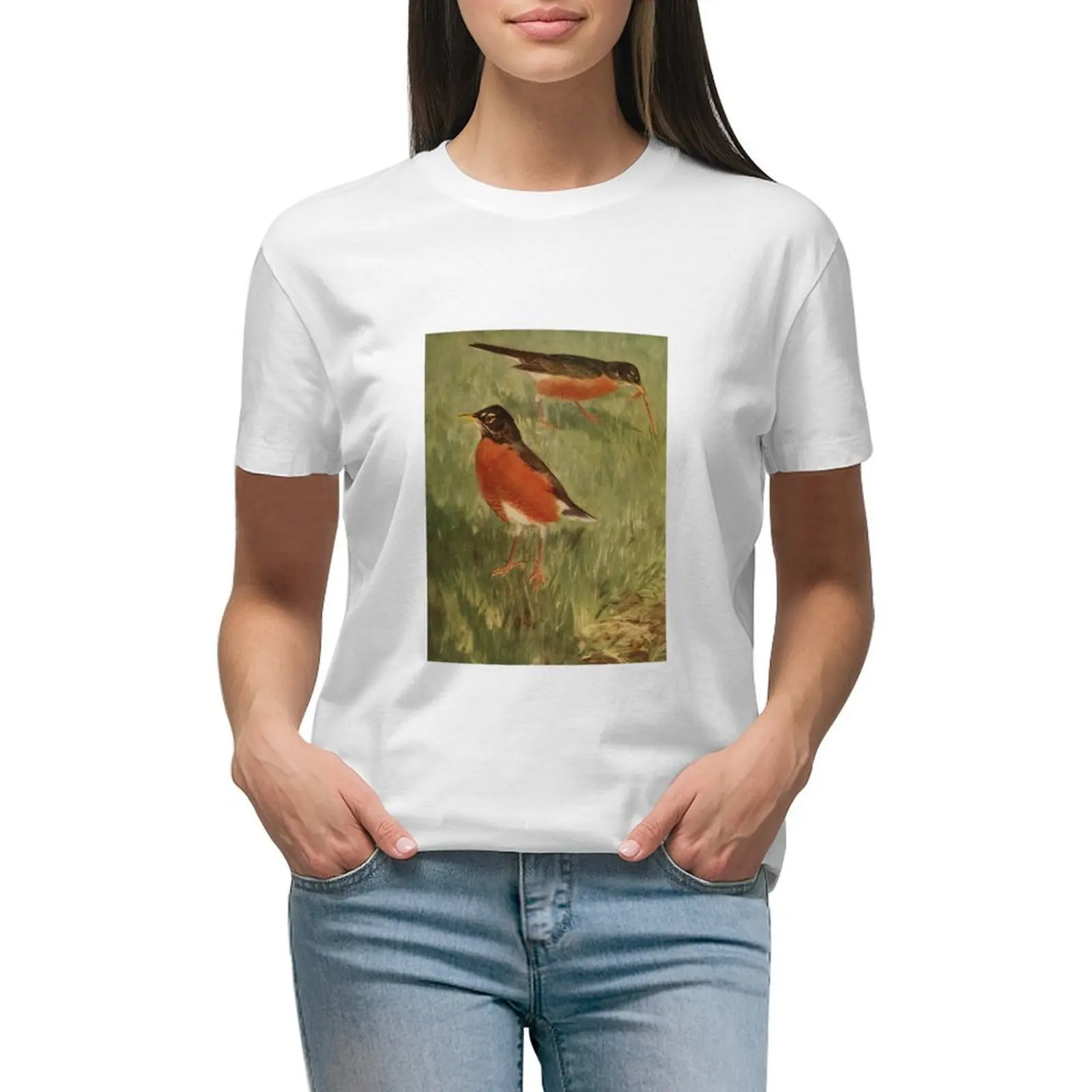 

Two Robins Catching Worms T-shirt korean fashion Female clothing summer clothes t-shirts for Women graphic tees funny
