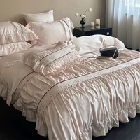 1000TC Egyptian Cotton Flowers embroidery Pleated Lace Ruffles Princess Bedding Set Duvet Cover Set Bed Sheet Pillowcases 4Pcs