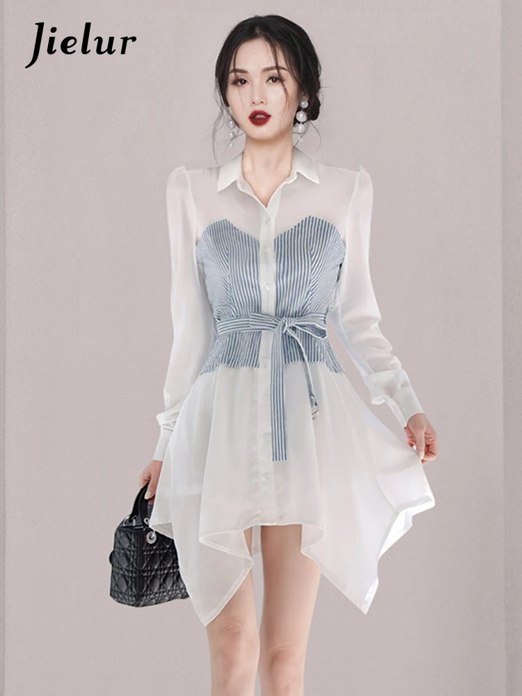 

Jielur Korean Fashion Slim Fishtail Lined Women Dress Irregular Bow Long Sleeve Chiffon Dress Spring Summer New Womens Clothing
