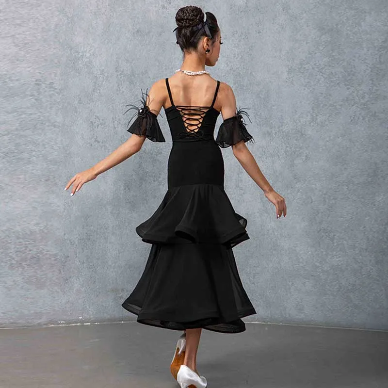 Girls Ballroom Dance Dress Wlatz Tango Modern Dance Competition Costume Chiffon Double Layer Skirt Hem Standard Dresses