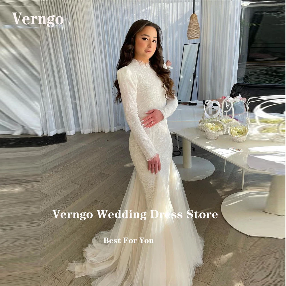 

Verngo Elegant High Neck Lace Soft Tulle Mermaid Wedding Dresses Long Sleeves Arabic Women Bridal Gowns Graceful Robe de mariage