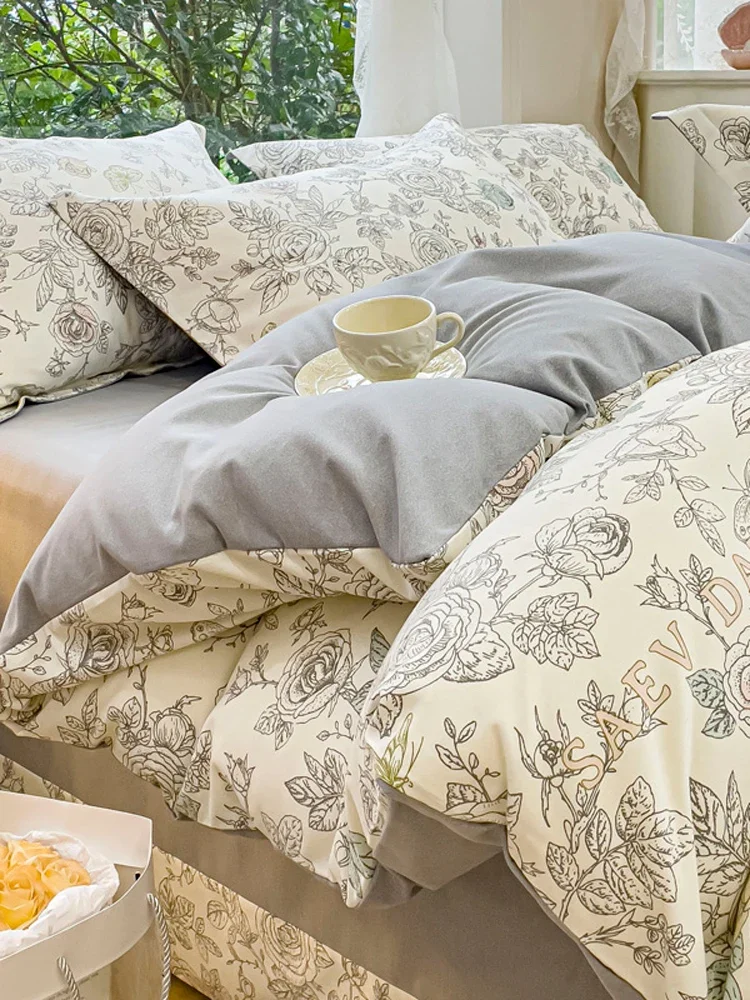 

2023 New Chinese Ink Style Four-Piece Set Brushed Thickened Skin-Friendly Cotton Ins Sketch Flower Quilt Cover Korean Bedding