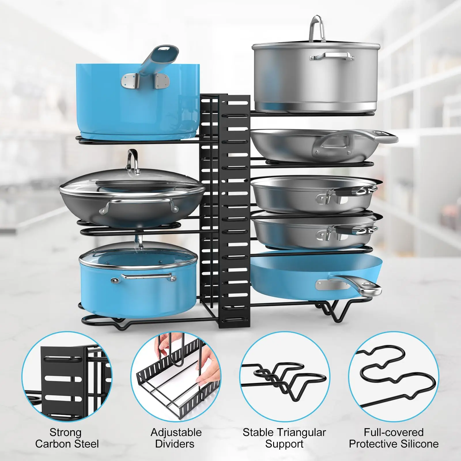Pot Rack Organizer Under Cabinet,8 Tier Adjustable Pot Organizers Inside Cabinet,Pan Storage Organizer Rack for Storing Pots Pan 4