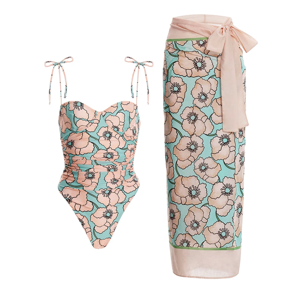 

Floral Block Print One-piece Swimsuit Fashion Suspenders Gather Slim Bikini Women 2023 Irregular Lace-up Cover Beachwear