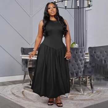 European and American large-size women's clothing, the new African solid-color big swing dress women