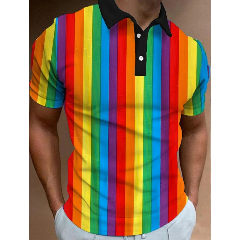 3D Color Rainbow Stripe Print Polo T Shirt For Men Fashion