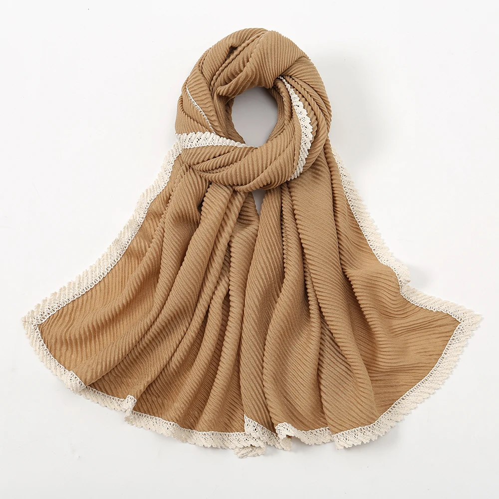 

Woman Plain Cotton Hijabs Lace Scarf for Muslim Women Islam Turban Headscarf Crinkle Scarves Solid Long Shawl Wraps 160*66cm