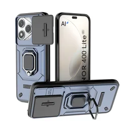 Shockproof Armor Phone Case with Slide Lens Camera Protection and Ring Holder for Plastic (Blue)