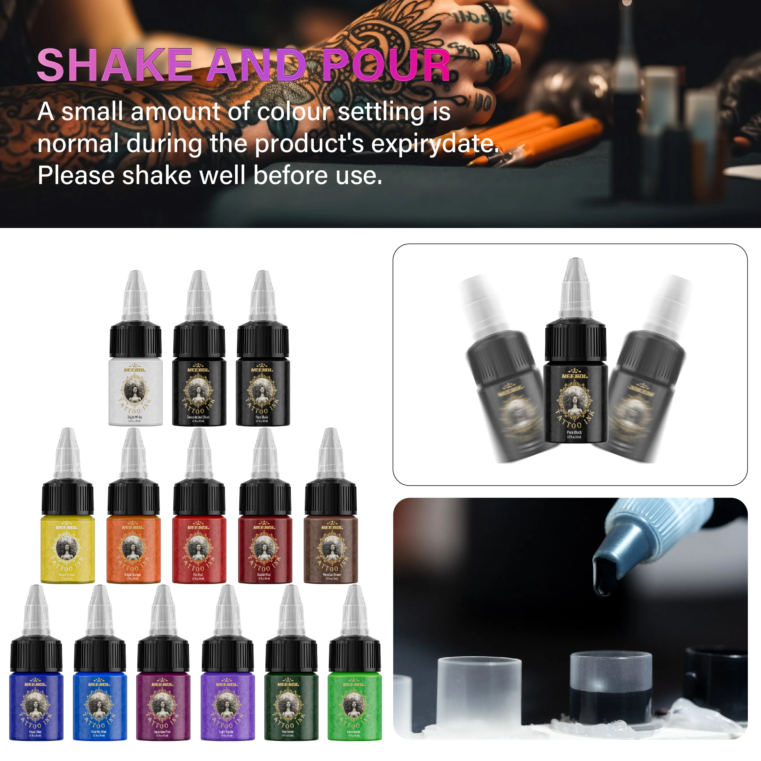 Tattoo Ink Set 14/21 Colors 1/2 oz (15 ml) Tattoo Ink & Supplies For Outlining Shading Long Lasting Painting Colorful