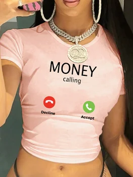 Cropped Women'S "MONEY Calling" Graphic T-Shirt Casual Short-Sleeve Crop Top Crew Neck Summer Tee Casual T-shirt  90s 1