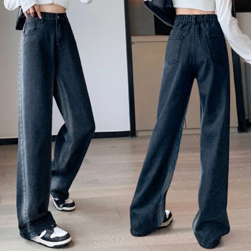 2023 spring autumn new simple commuter denim pants women straight leg wide leg loose high waist spring plus size trousers 2023 Spring Autumn New Simple Commuter Denim Pants Loose Leg Straight Leg High Waist Slimming Large Size Thin Leisure Trousers