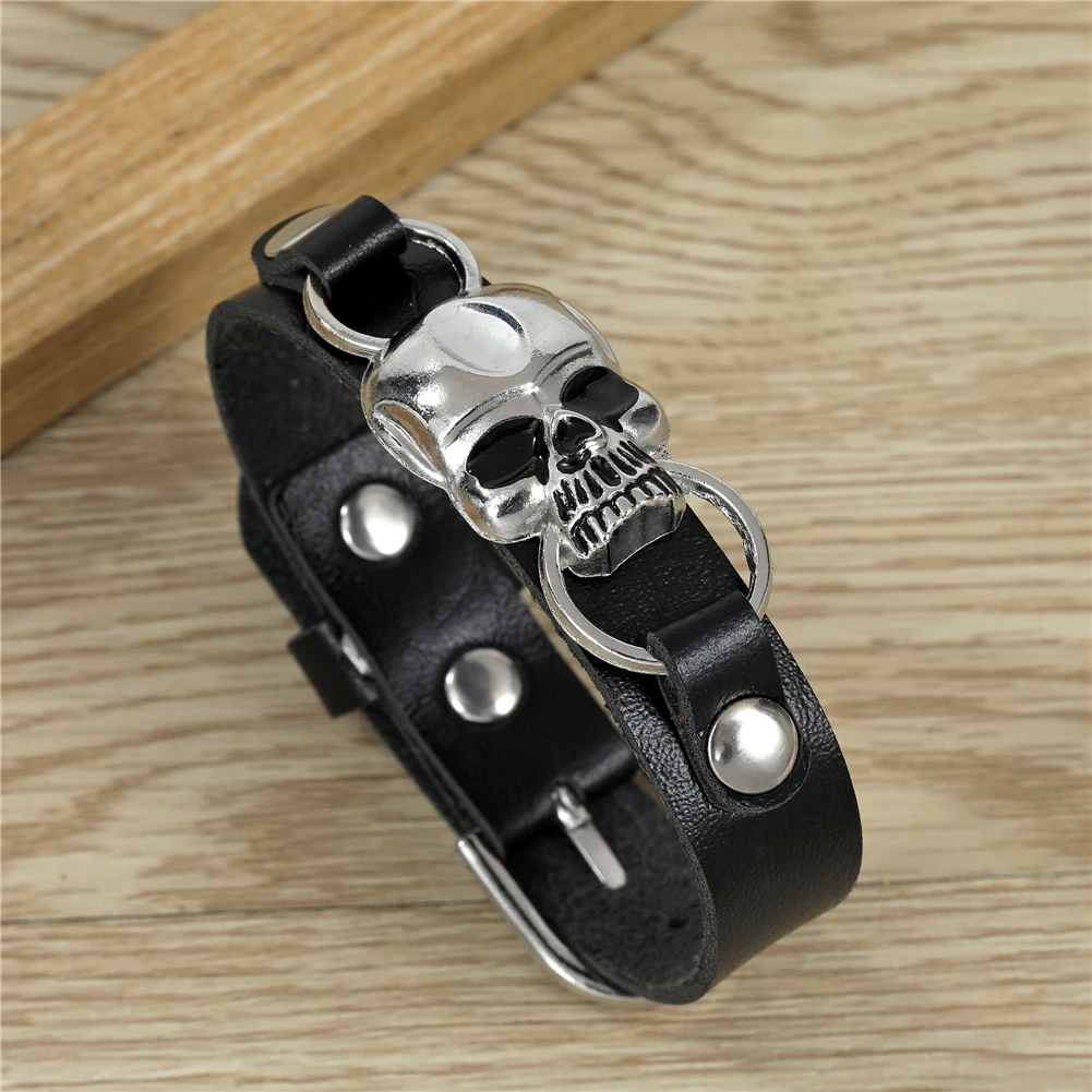 Trend Vintage Black Leather Bracelet Adjustable Size Retro Skull Shape Braceletfor Men's Daily Wear 4