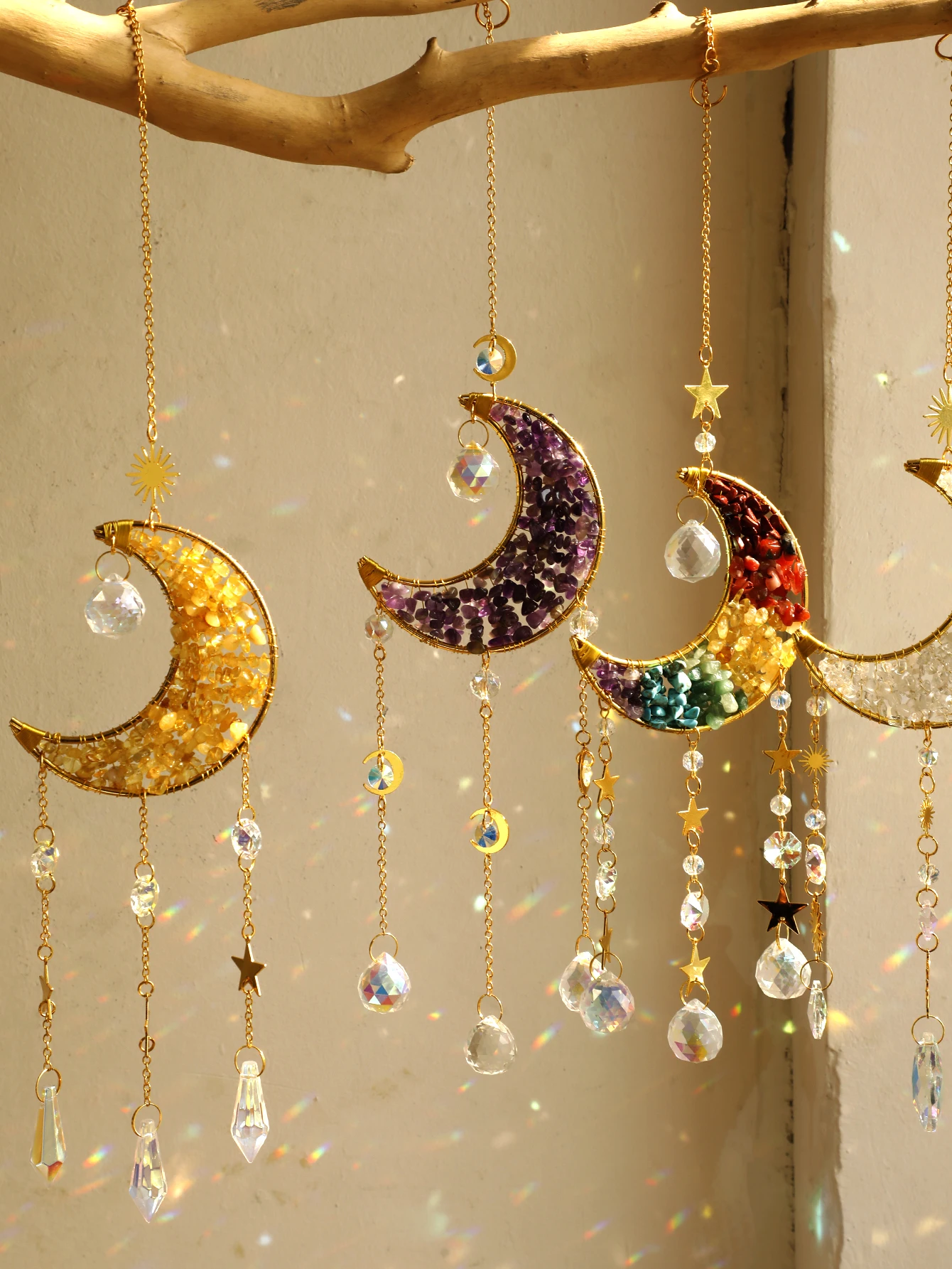 Moon Star Crystal Suncatcher Hanging Decoration Rainbow Maker Natural Stone Light Catcher for Window Outdoor Room Ornament Gift