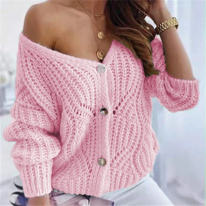 

2023 New Casual Single Breasted V-neck Knitted Cardigan Hollow Out Loose Solid Commuter Autumn/Winter Sweater Women's Coat
