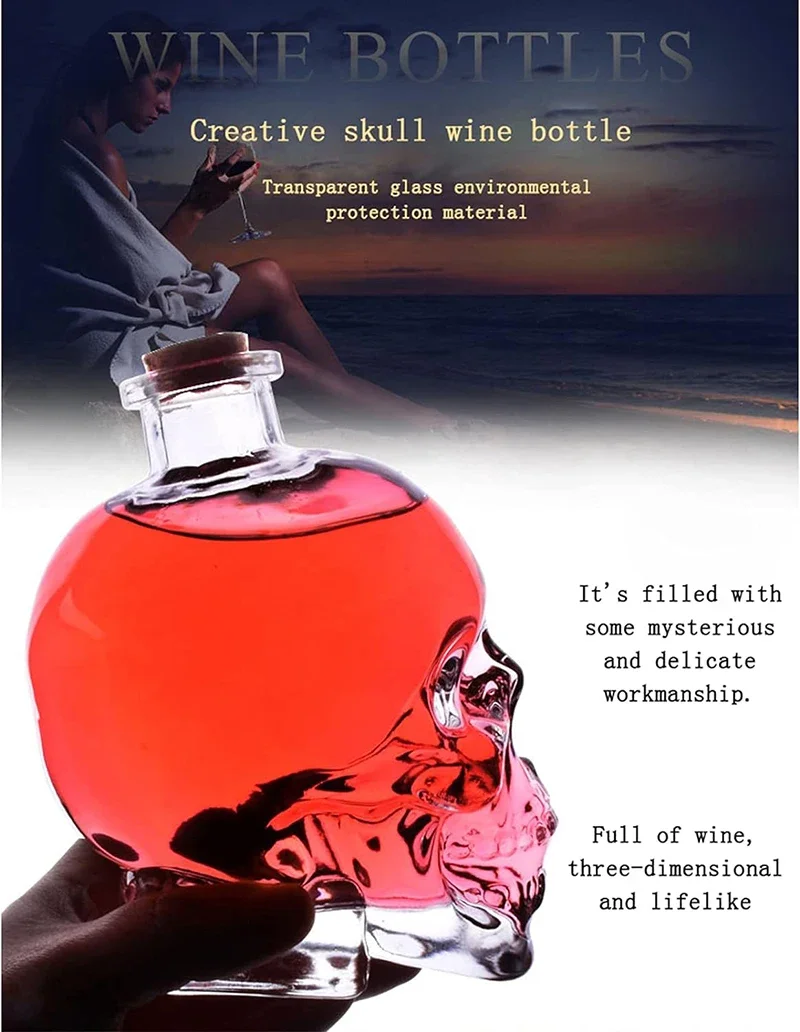 Skull Mason Jar for Vodka Skull Decanter Lead-Free Glass Crystal 3D Bottle with Cork Stopper whiskey decanter set wine aerator decanter