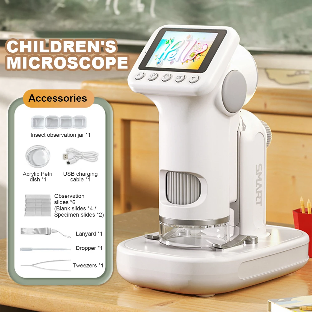 Microscope for Kids 100-1600X Electronic Digital Microscope with 2In Screen Handheld Microscope Camera for Scientific Experiment