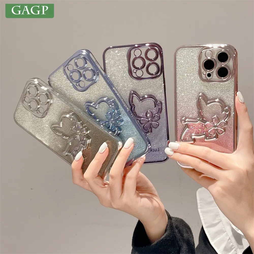 Luxus Clear Quicksand Diamond Gradient Glitter Puppy Case für iPhone 14 13 12 11 Pro Max Plating Soft Silikon Shockpoof Cover_voghion.com