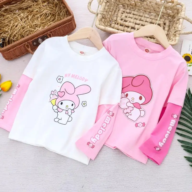 Sanrio Kuromi Children's Long Sleeve T-shirt Pure Cotton Girl Thin Tops Fake Two-piece Base Shirt Spring and Autumn Outfit 3