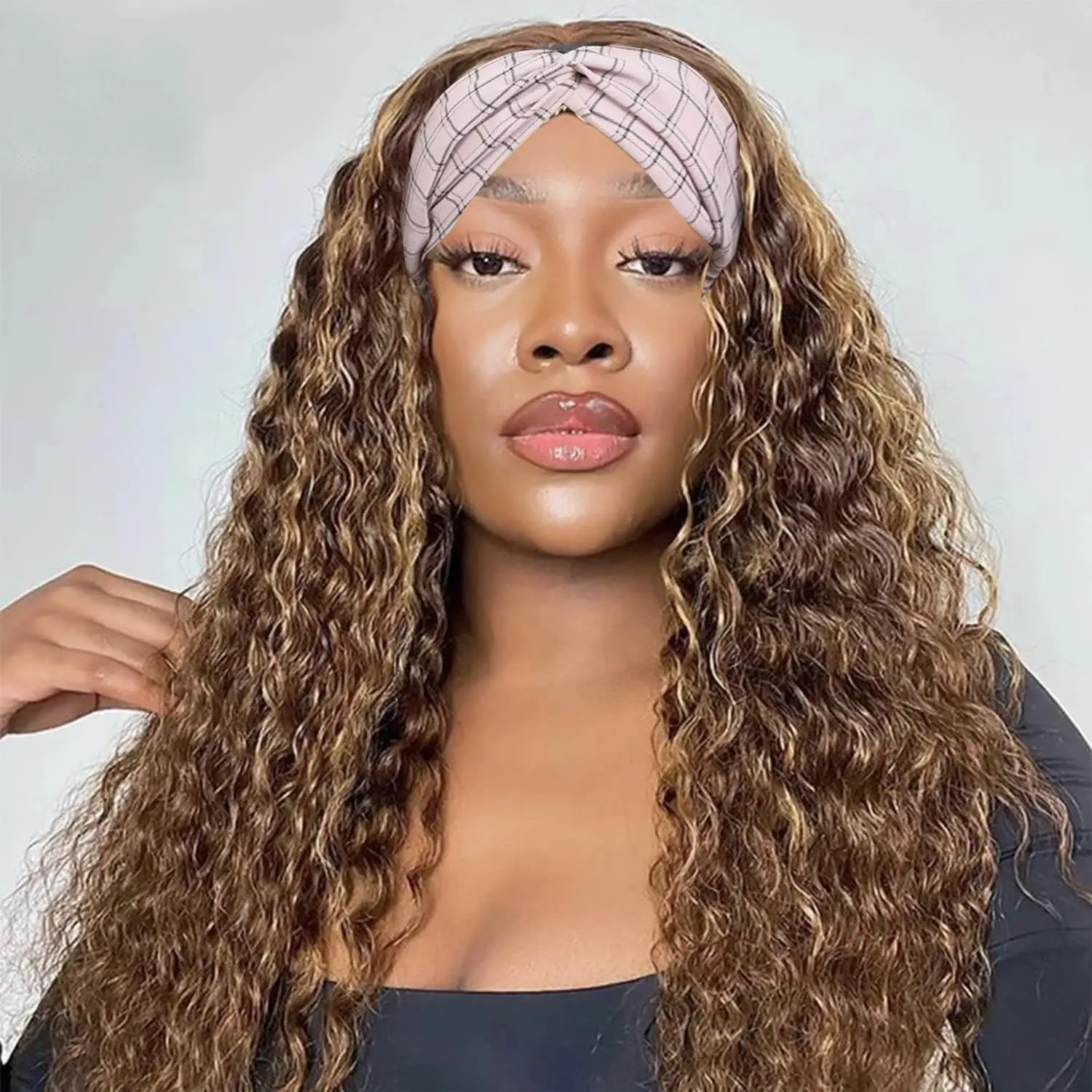 Highlight Headband Wig Human Hair 180 Density Water Wave Human Hair Wigs Honey Blonde Colored Full Machine Made Wig