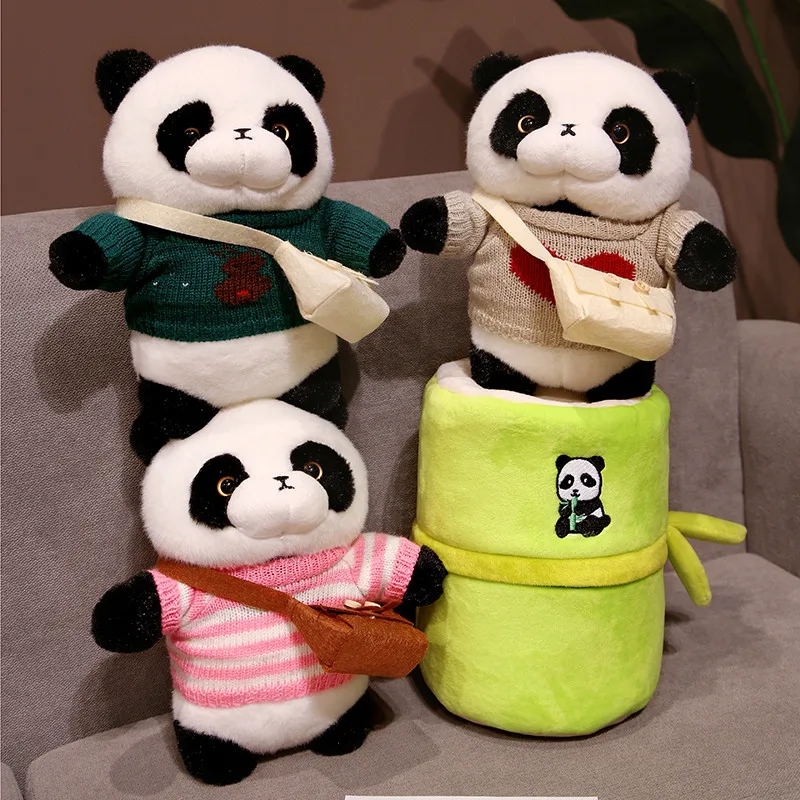 2 In 1 Creative Cute Bamboo Tube Panda Plush Toys Kawaii Stuffed Animal Adorable Panda With Sweater Backpack Cartoon Doll Pillow