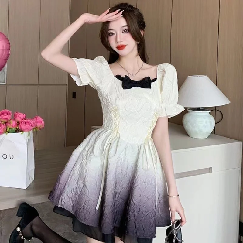 

Summer Women's Gradient A-line Dress Square Neck Bubble Sleeve Princess Dress for Girls Waist Retraction Sweet Clothing 2023