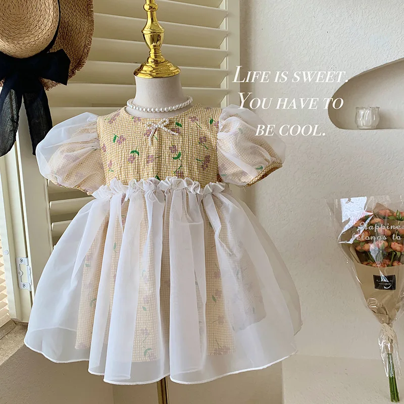 

Children's wear 2023 summer new kid's Floral bow Bubble Sleeve princess tutu dress girls' dress for Birthday party Baby dress