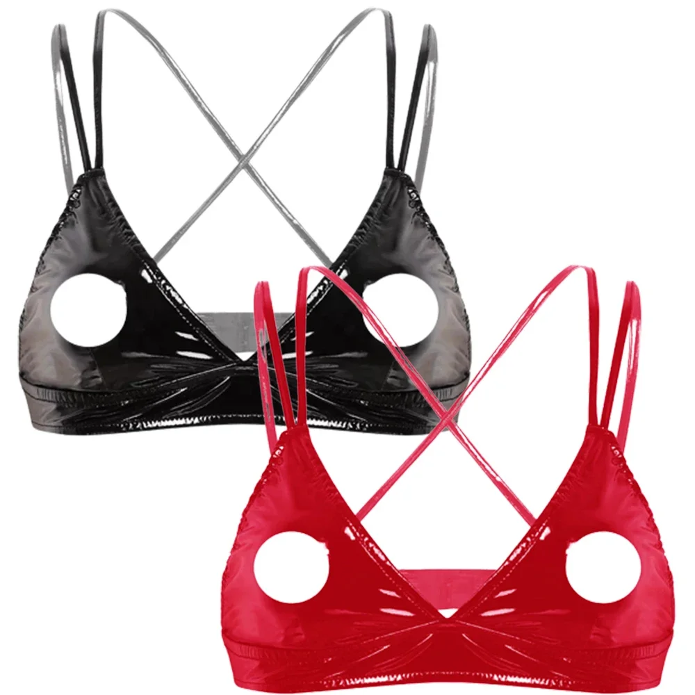

Women Sexy Open Cup Bra Lingerie Nipple Exposing Bodycon Cage Brassiere Patent Leather Wetlook Hollow Out Nipple Bra Cropped Top