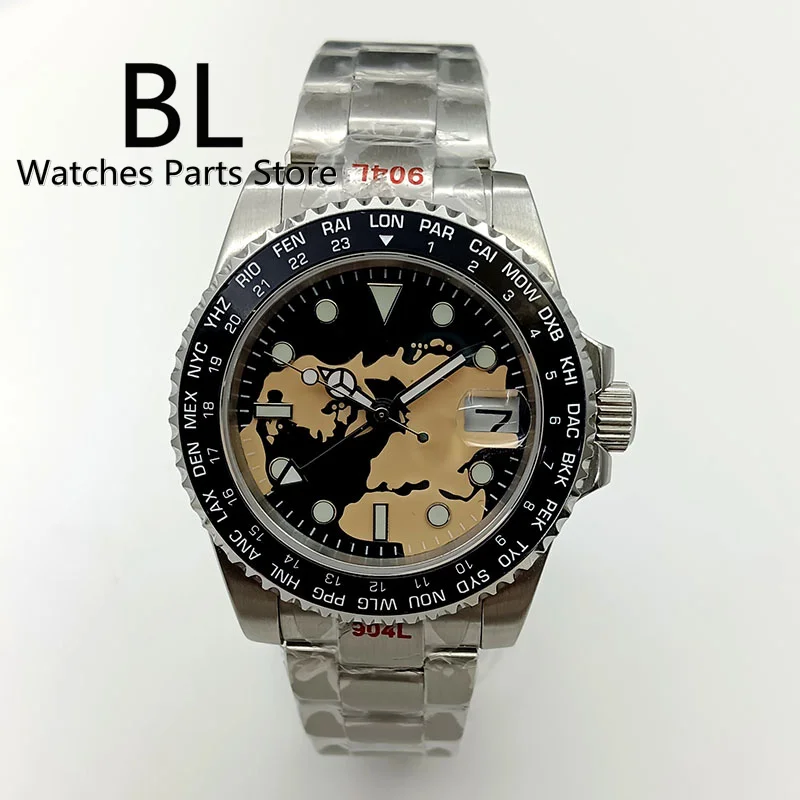 

BLIGER 40mm Super Full Luminous Black Dial NH34 GMT Automatic Watch For Men Sapphire Glass Oyster Bracelet Alloy Bezel Date