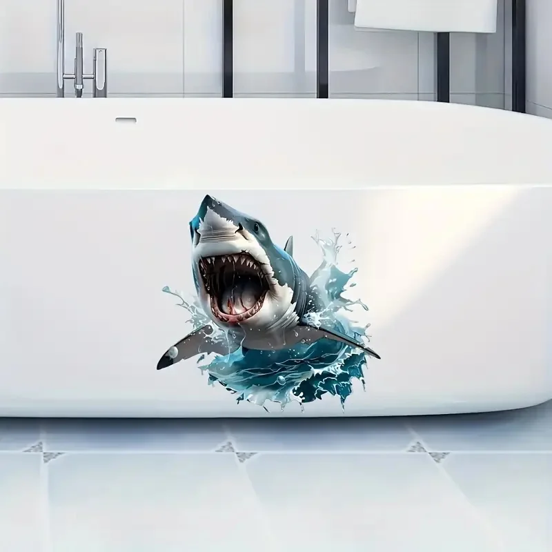 3D Shark Wall Decal Waterproof Self-Adhesive Sticker Bathroom Bedroom Decor Art Wallpaper
