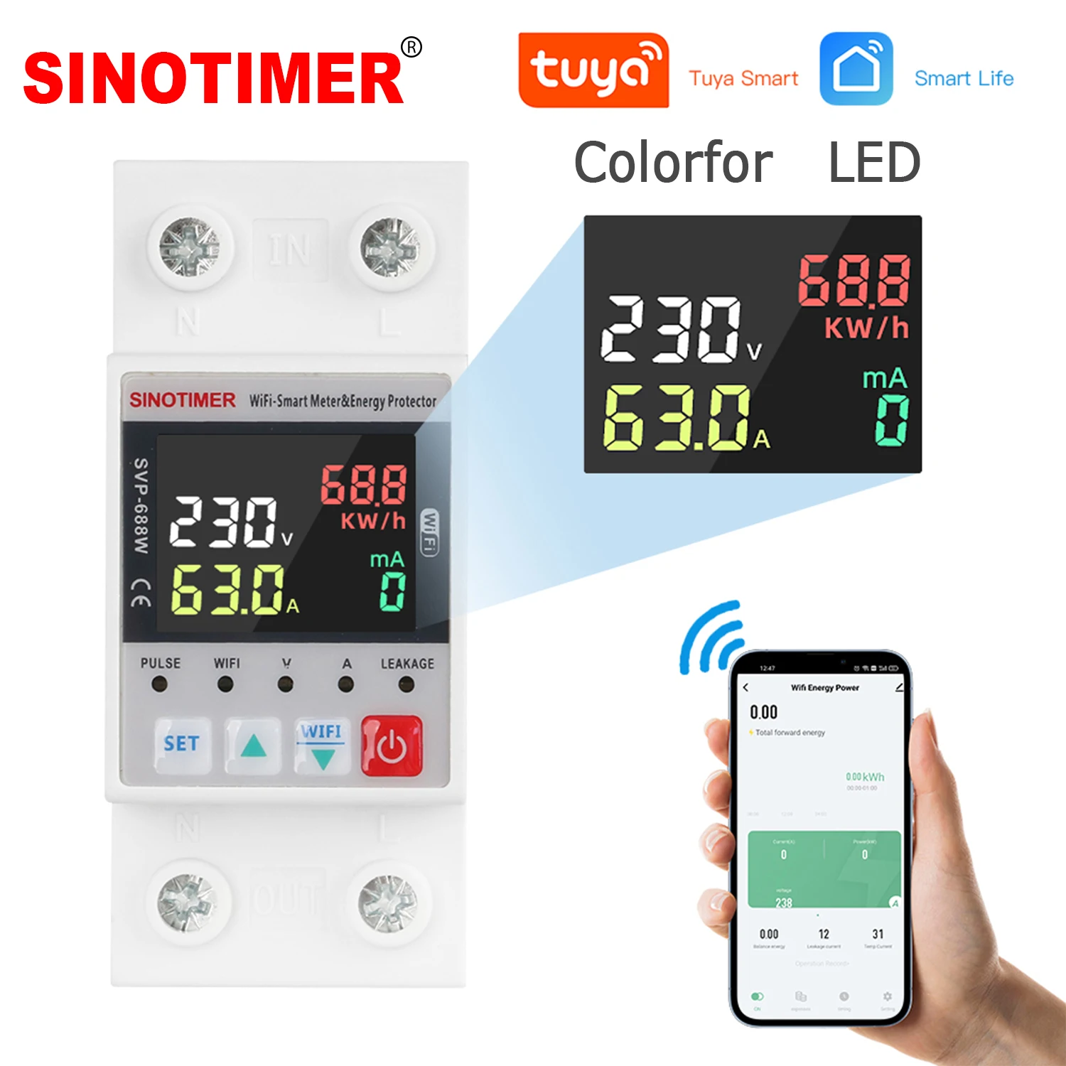 SINOTIMER SVP688W 220V 230V Tuya WiFi Smart Circuit Breaker Leakage Over Under Voltage Protector Relay 2P 63A Power Energy kWh Meter Switch Timer
