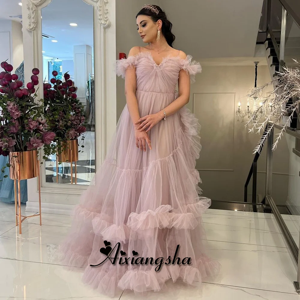 

Aixiangsha Latest Attractive Evening Dresses Off the Shoulder Pleat Ruffles Layered Corset Vestidos de Graduación Drop Shipping