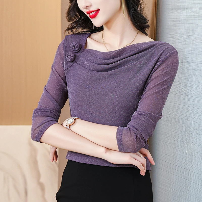 

European Fashion Women Mesh T-shirt Long Sleeves Off Shoulder Spring Fall Design Slim Lady Top
