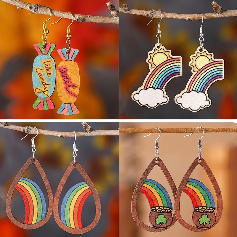 Candy Rainbow Waterdrop Sweet Orecchini Double Sided Wood Irish Green Clover Orecchini Di San Patrizio Regalo Di Gioielli