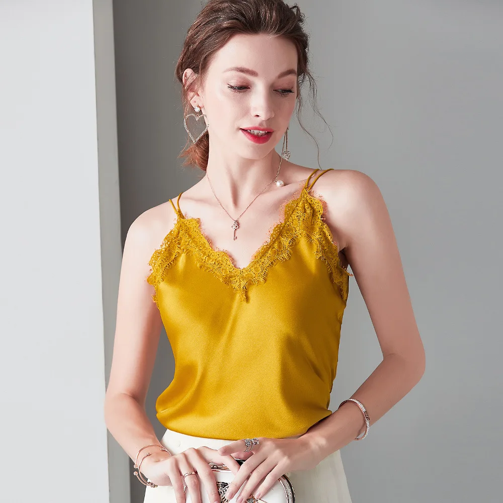 100 Mulberry Silk Camis Sexy Lace Patchwork Vneck Double Spaghetti