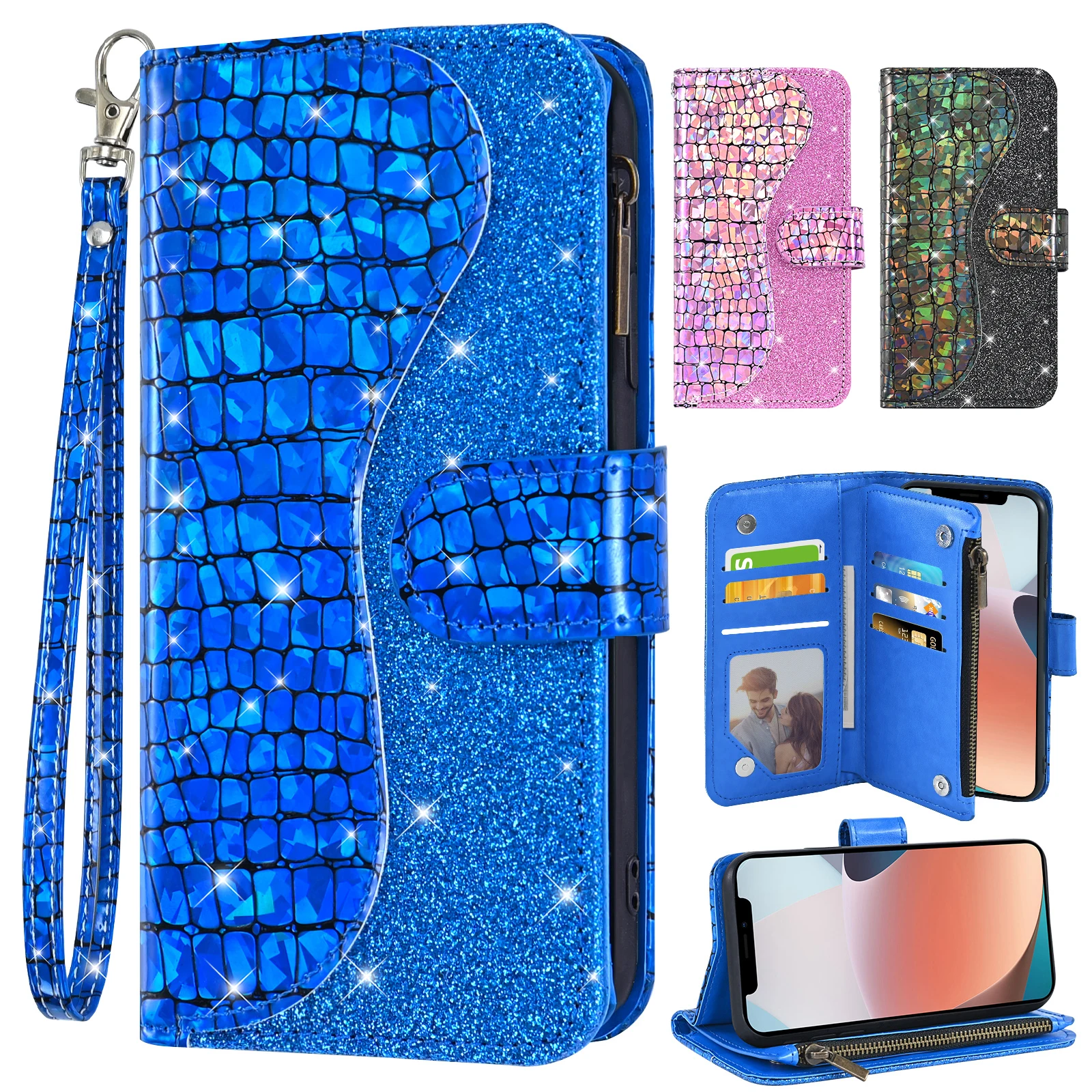 

Кожаный флип-кошелек с блестками и карманом на молнии, чехол для телефона Samsung Galaxy S24 S23FE Plus Ultra с 6 отделениями для кредитных карт