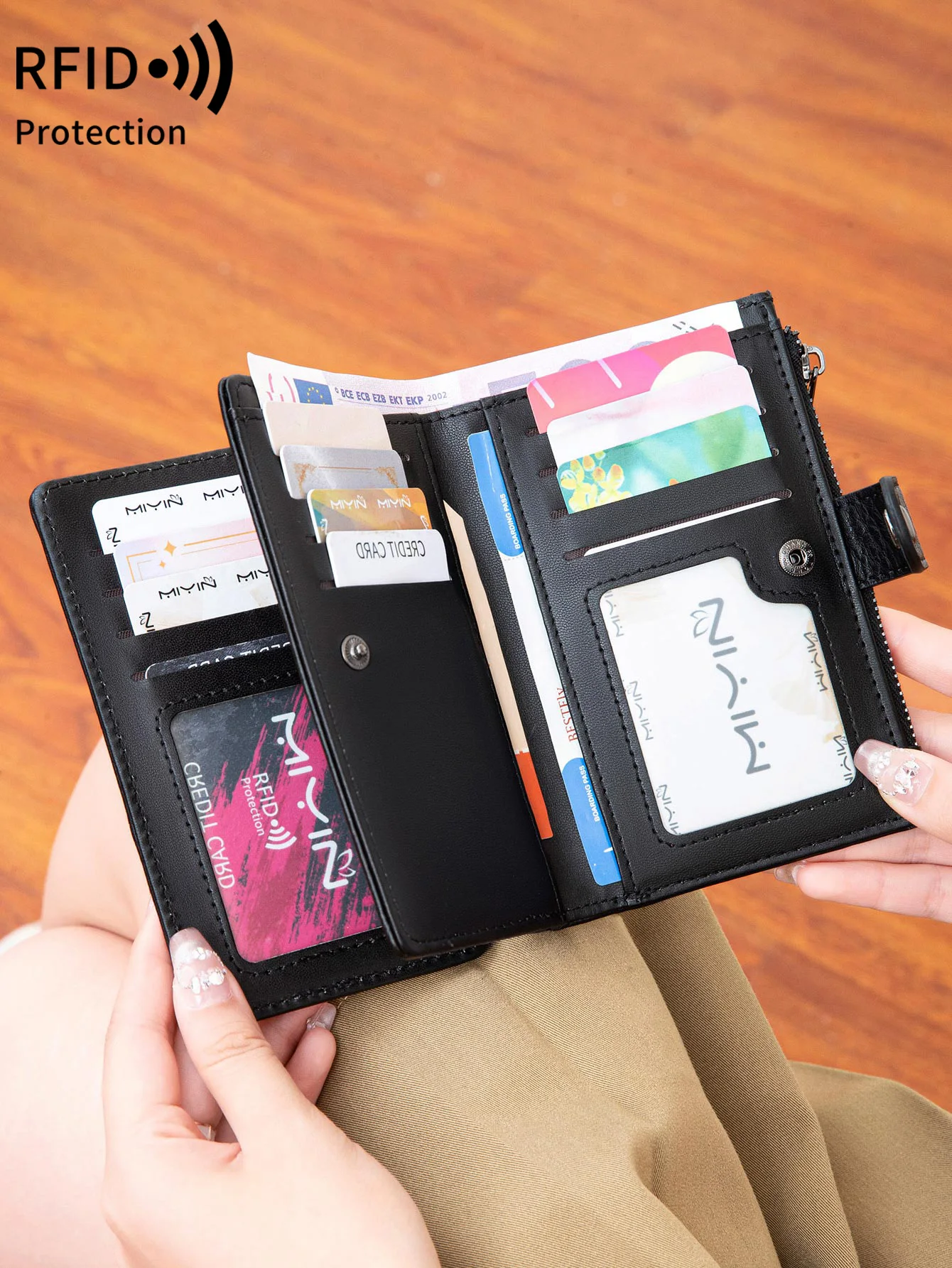Women's Short Wallet MIYIN RFID anti-theft brush retro three fold PU leather multi card slot multifunctional zero women wallet,leather wallet,faux leather wallet,card wallet