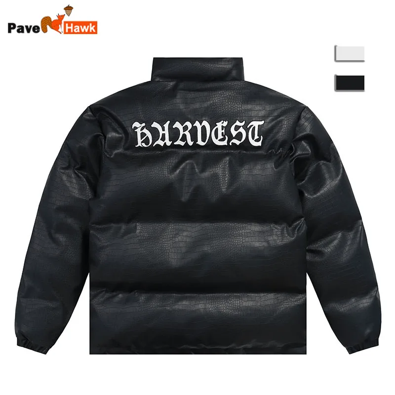

Leather Parkas Men Faux Crocodile Skin Hiphop Winter Thicken Warm Cotton Padded Jacket Vintage Embroidery Loose Cold-proof Coats