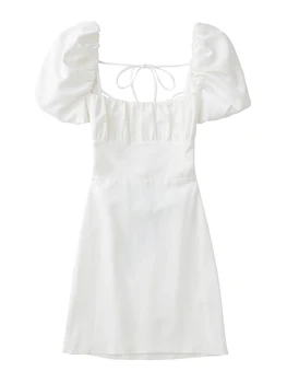 women white fashion linen blend dress female square neck short puff sleeves backless crossover straps dress for women's