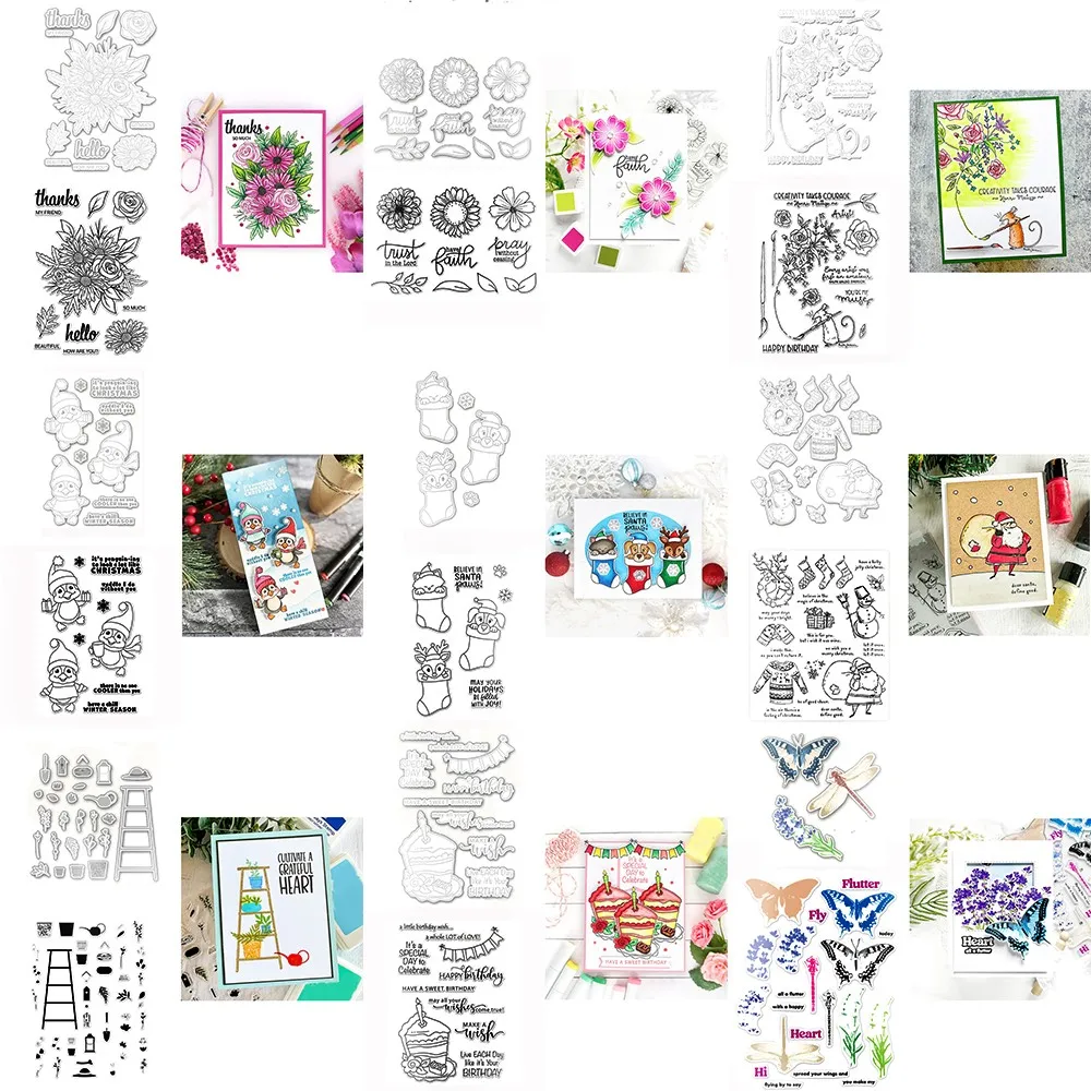 

Beautiful Flowers Metal Cutting Dies & Clear Stamps Combos Christams Penguin Stocking Ornament for 2023 DIY Xmas Card Making
