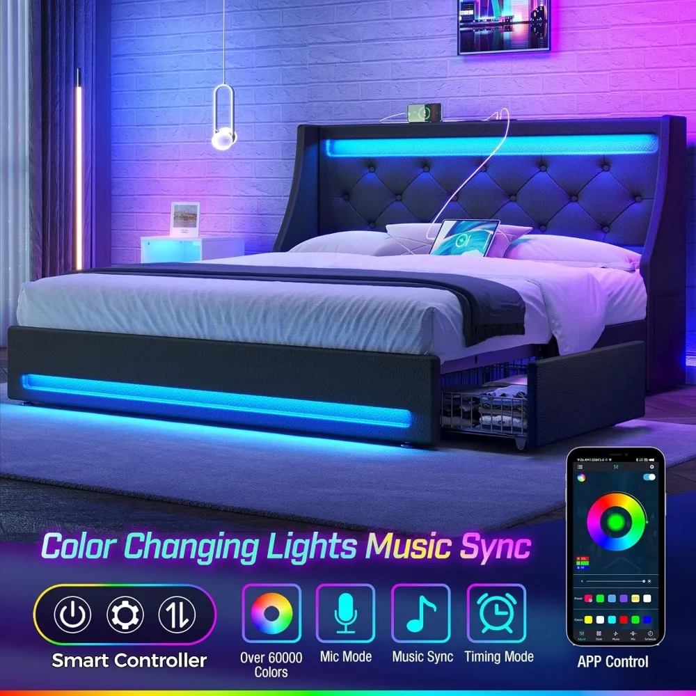 Queen Bed Frame with LED Lights and Charging Station, PU Leather Bed with Drawers, Wooden Slats, Noise Free,  Bed Frame 3
