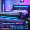 Queen Bed Frame with LED Lights and Charging Station, PU Leather Bed with Drawers, Wooden Slats, Noise Free,  Bed Frame 3