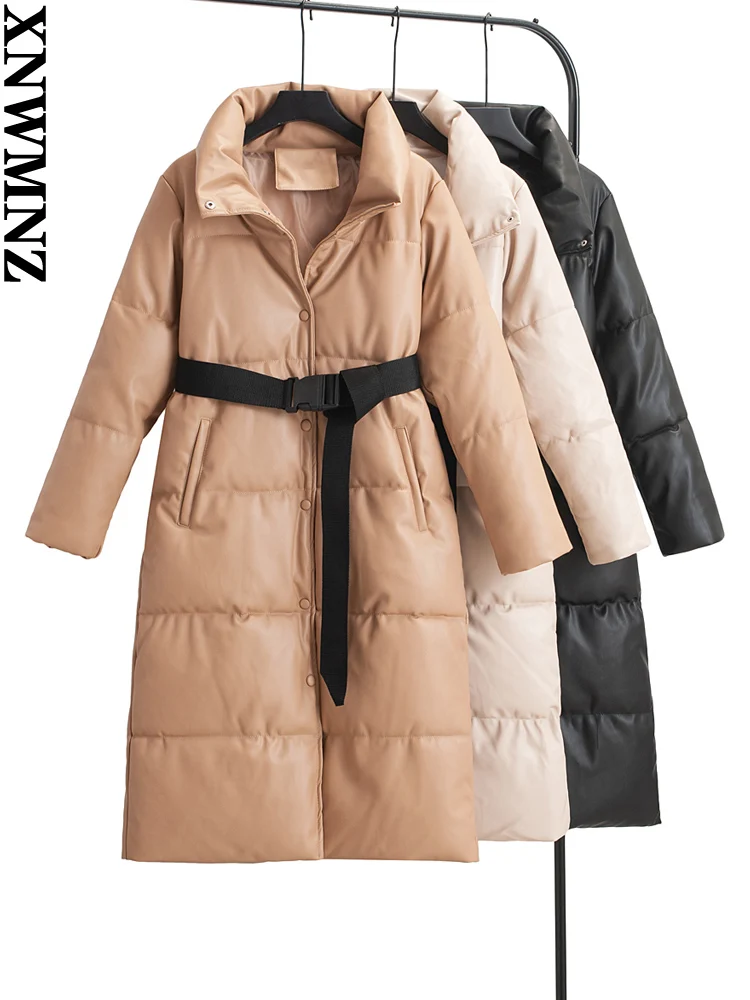 XNWMNZ 2022 Fall winter woman fashion Leather Long Thermal Padded Jacket with Belt women vintage parka faux leather cotton coat