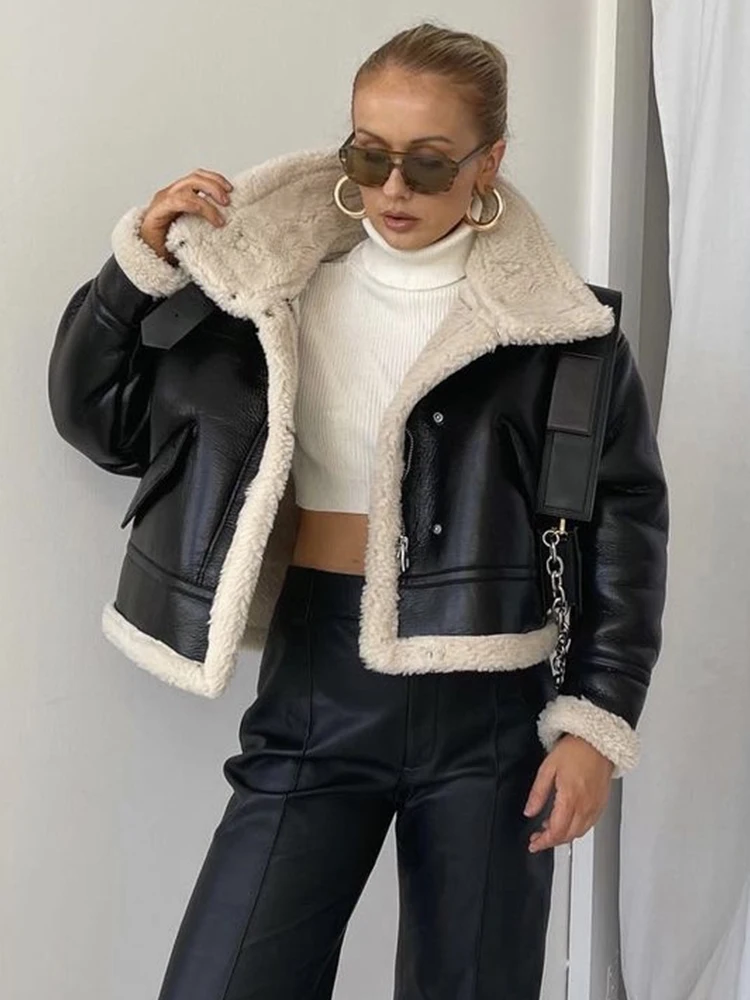 

LY VAREY LIN New Winter Women Streetwear Faux Lamb Leather Jacket Lapel Zipper Short Pu Coat Female Thick Warm Black Outwear