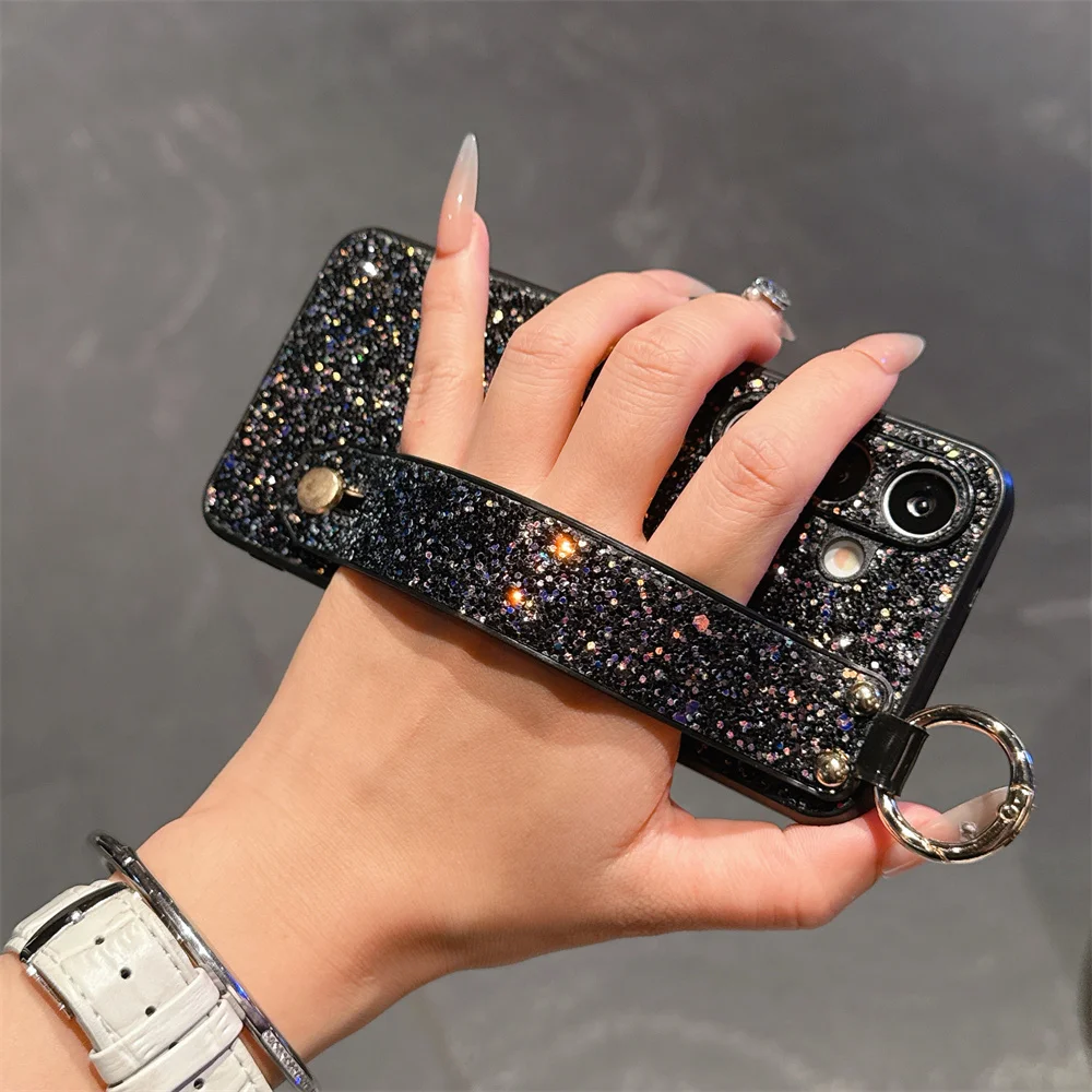 Luxury Glitter Wristband Bracket Case with Hand Strap and Bling Shockproof Cover
