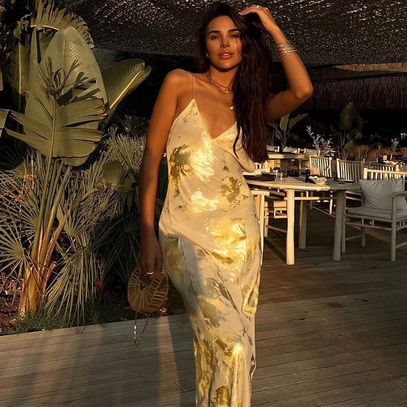 Sexy Backless Gold Stamped Strap Long Dress Elegant Party Evening 2023 Winter New Fashion Sleeveless V-neck Vestidos